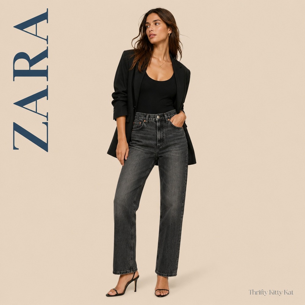 Zara High Rise Straight Leg Jeans Whiskered Black Charcoal Wash Streetwear Y2K 4